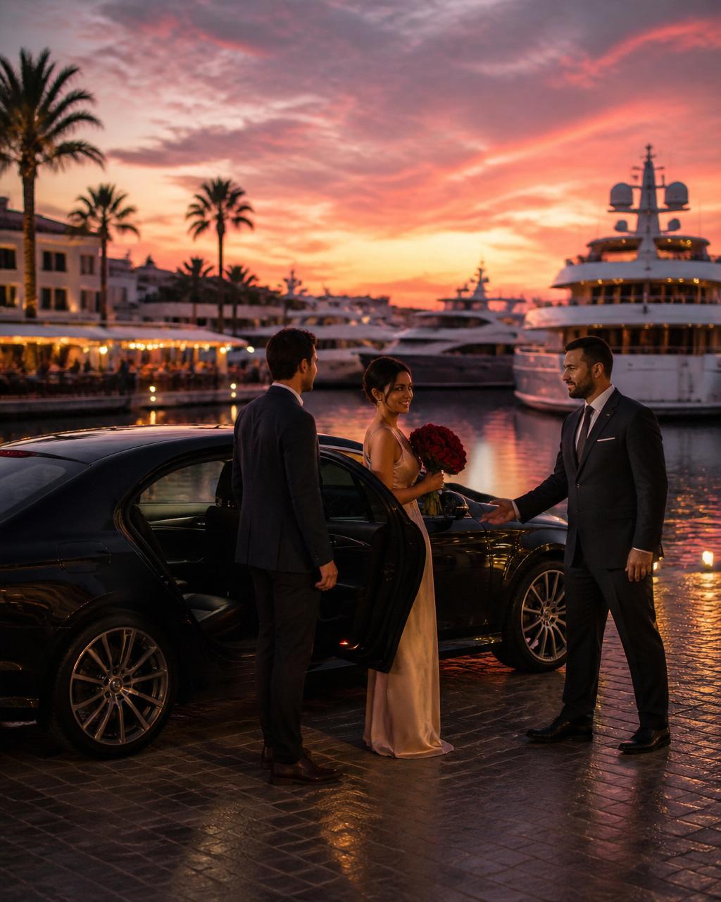 Couple entering a luxury car at night