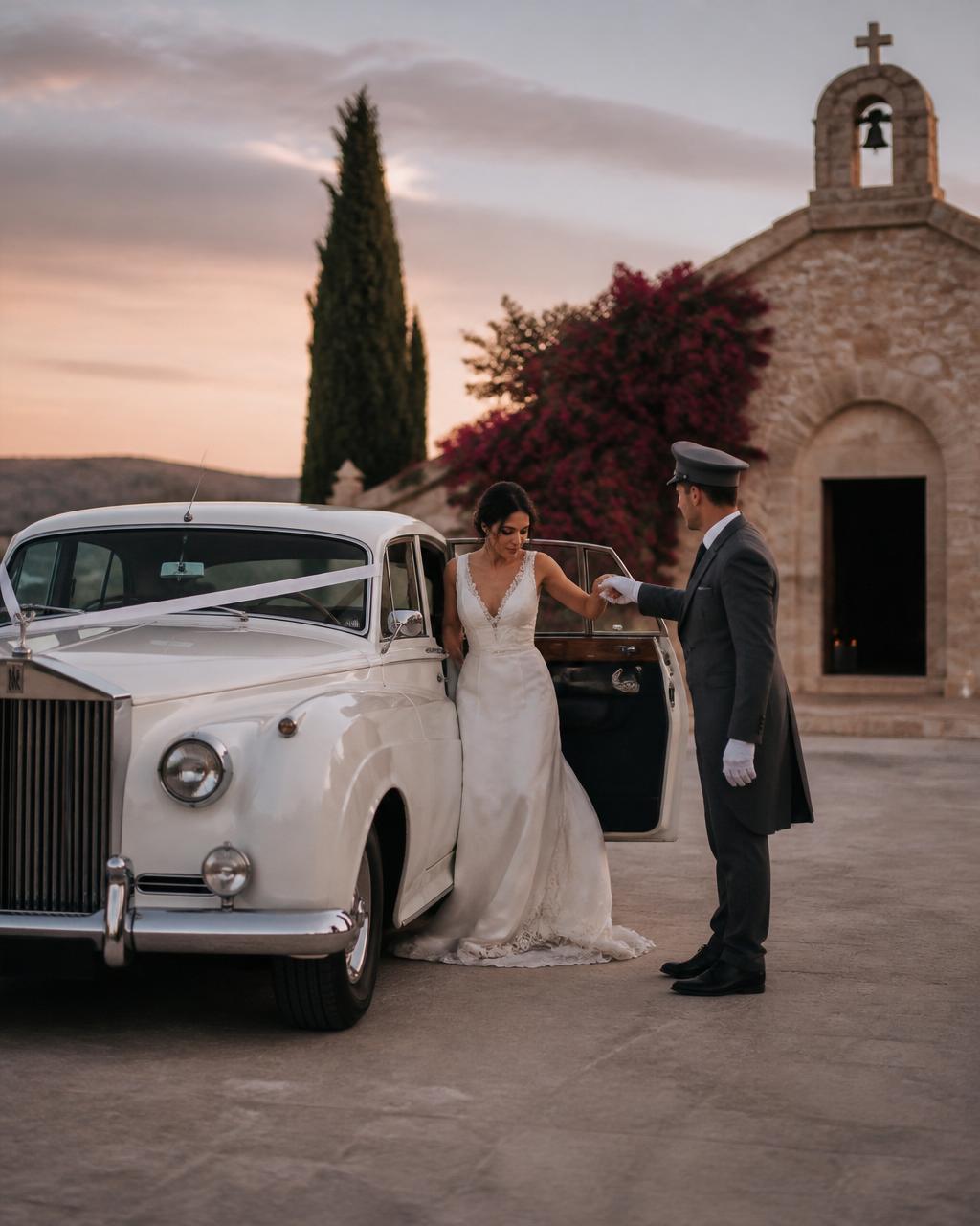 Rolls-Royce wedding car at sunset chapel